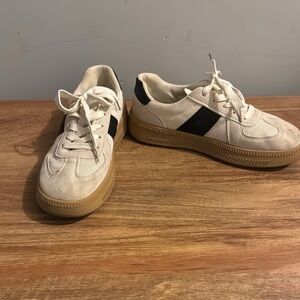 White and Black Sneakers with Tan Soles